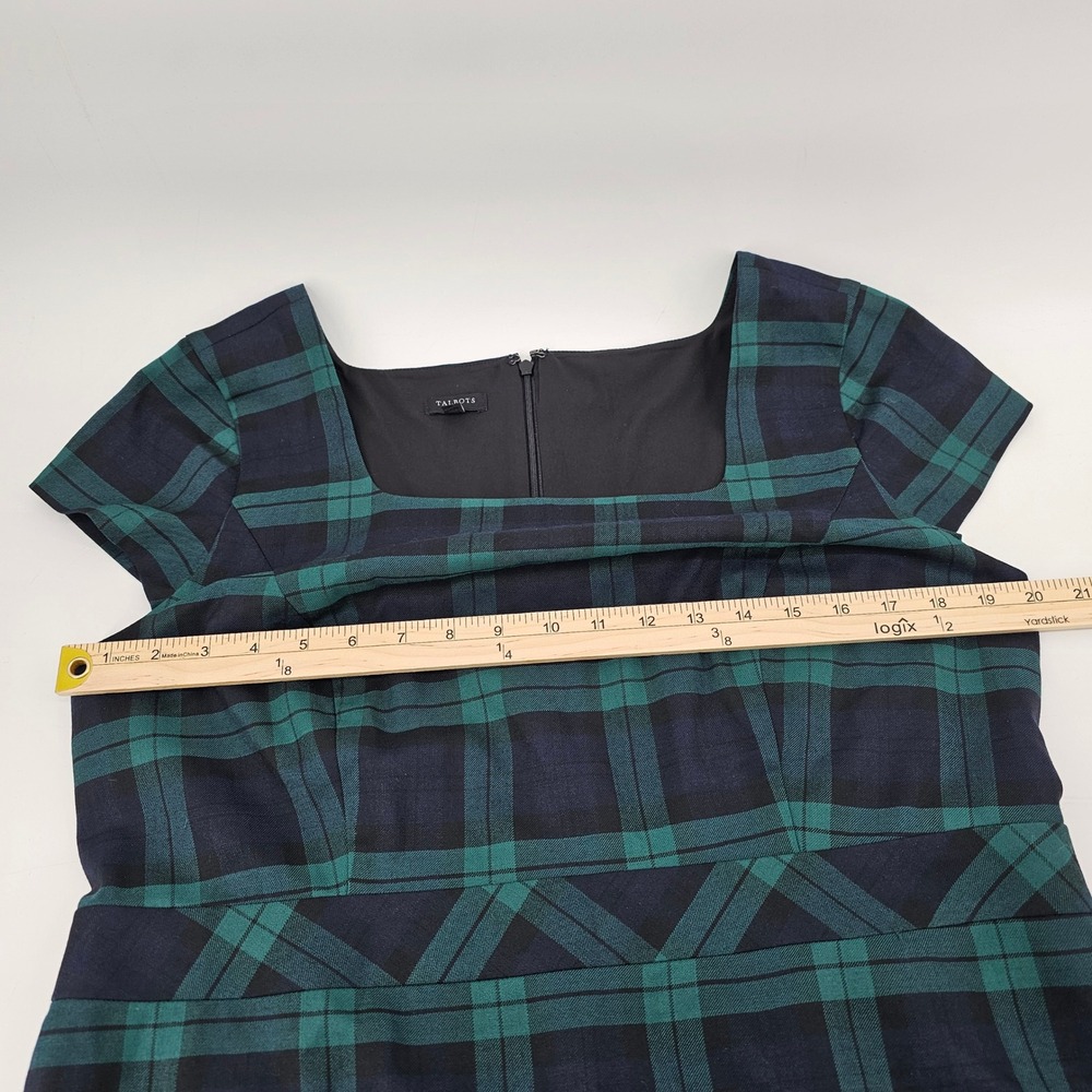 Talbots Plaid Sheath Dress 14P Green Navy Wool Blend Cap Sleeve Square Neck - Picture 3 of 6